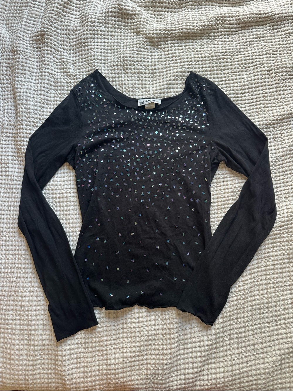 Black Long-Sleeve Sequin Scoop Neck Top